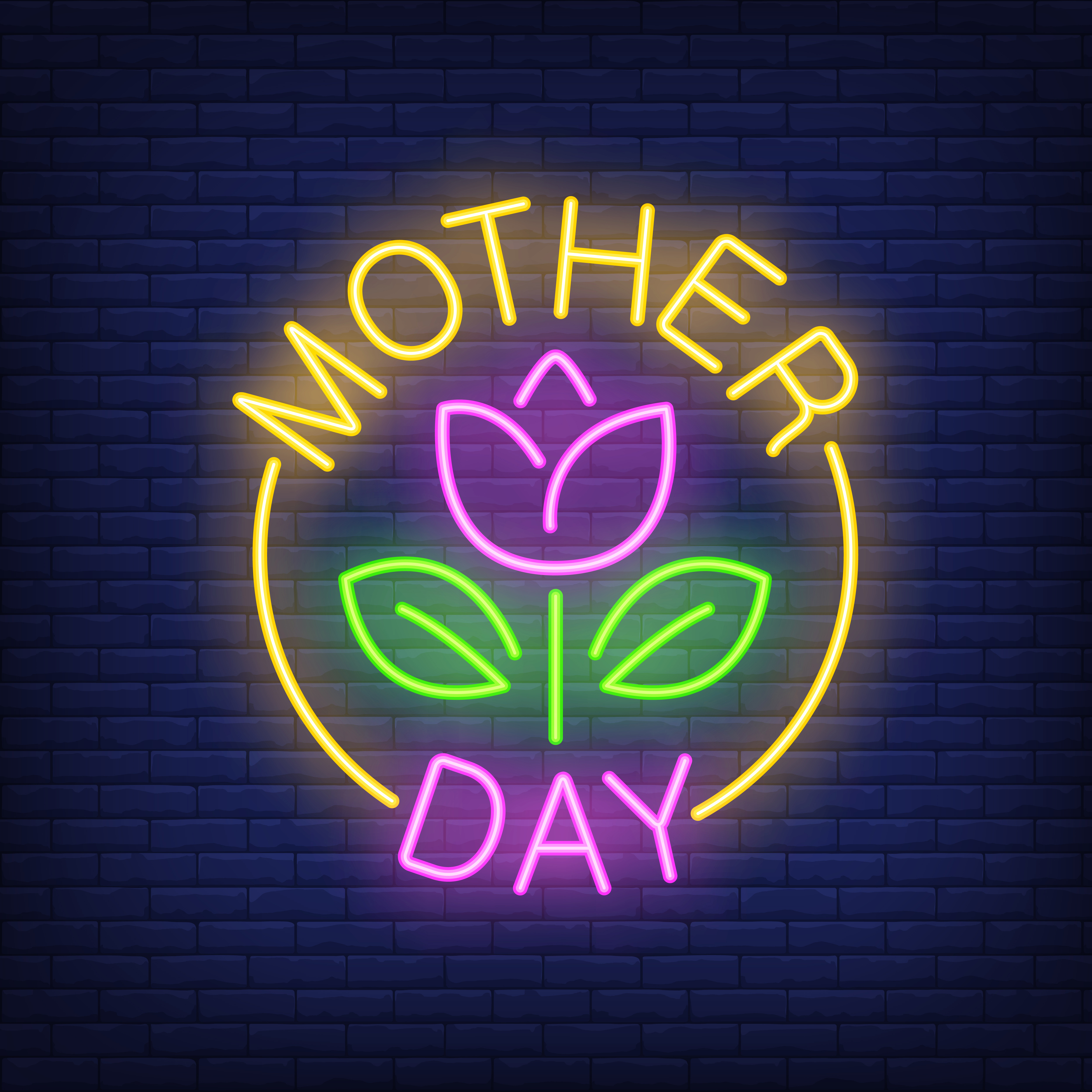 Mother day neon sign. flower with leaves in bright yellow round.